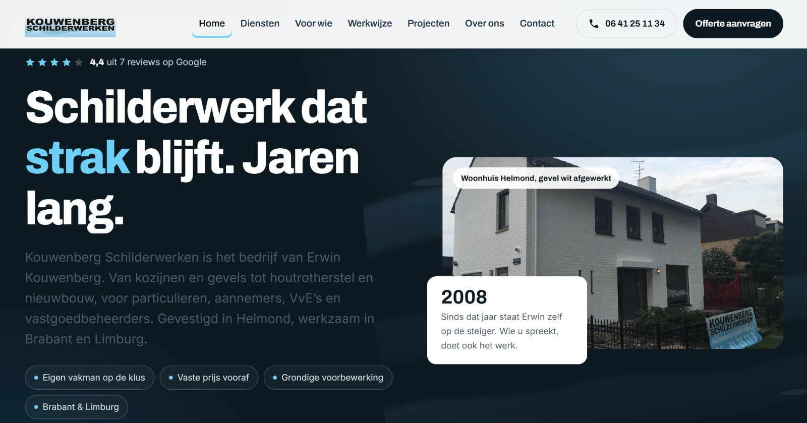 De website van Kouwenberg Schilderwerken: een donkere openingssectie met de kop Schilderwerk dat strak blijft, de Google-beoordeling van 4,4 sterren en een foto van een afgewerkt woonhuis.